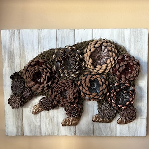 Pine Cone Bear, Hand Painted Pine Cone Succulents and Flowers, Wood Plank Board Wall Art Gift, Bear Planter Sign, Vertical Succulent Garden