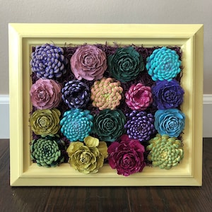 Framed Vertical Succulent Pine Cone Garden, Custom Succulent Frame, Hand Painted Wood Flower Wall Garden Art, Indoor Succulent Art Gift