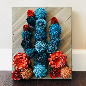 Saguaro Cactus, Vertical Succulent Pine Cone Garden, Custom Hand Painted Wood Flower Wall Art, Wood Cactus Art Sign, Cactus Wall Planter