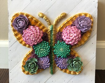 Custom Butterfly, Hand Made Succulent Pine Cone Wall Art, Succulent Butterfly Planter, Wood Butterfly Sign, Vertical Succulent Garden