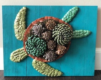 Custom Turtle, Hand Made Pine Cone Succulent Wall Art, Vertical Succulent Garden, Indoor Wall Planter, Wood Turtle Sign, Green Sea Turtle