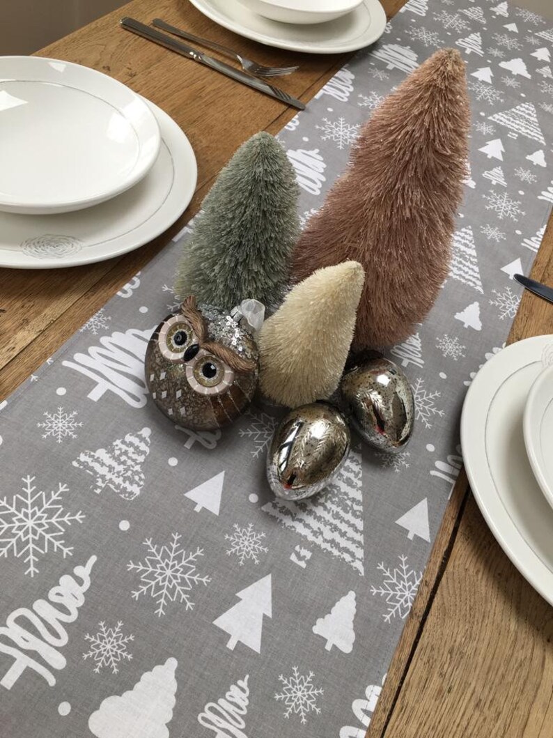 Christmas Table Runner Grey With Trees and Snowflakes Unique Etsy UK