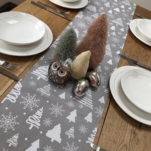 Christmas Table Runner Grey With Trees and Snowflakes, Unique Gift Idea, Christmas Decor, Holiday Decor