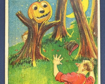 1910年アンティークハロウィーンポストカード – ジャック・オー・ランタンの木と男