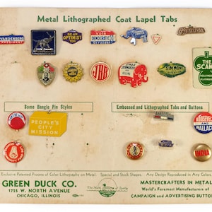 Speldknopen vintage verkopervoorbeeld op originele kaart uit de jaren 40 Green Duck Co.