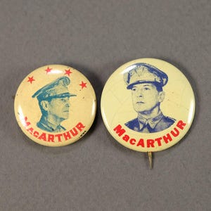 2 WWII General MacArthur Vintage Military Pinback Buttons 1940s