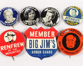 Lote de 7 botones con alfiler del Club Premium de Radio – Vintage, años 30-50