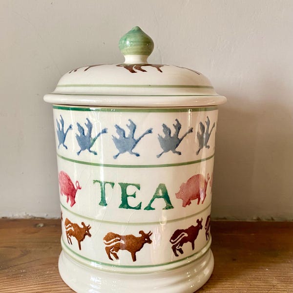 Słoik do przechowywania herbaty Farmyard marki Emma Bridgewater. Pieczątka z 1986 r.