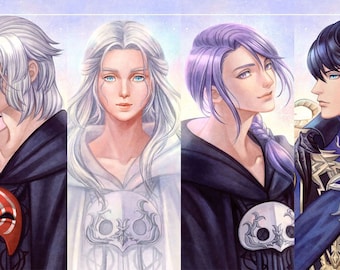 Pode incluir: Quatro retratos de estilo anime de pessoas com diferentes cores e estilos de cabelo. As pessoas usam capas com capuz e máscaras que cobrem seus rostos. O fundo é um azul claro e suave.