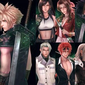 May include: A digital illustration of eight characters from the Final Fantasy video game series. The characters are depicted in a variety of poses and expressions, with some holding weapons or other objects. The background is a dark, abstract design.