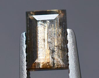 Puede incluir: Una piedra preciosa rectangular facetada con un tono marrón translúcido e inclusiones oscuras en forma de aguja visibles en toda la piedra. La gema está sujeta por unas pinzas de metal plateado que muestran su superficie pulida.