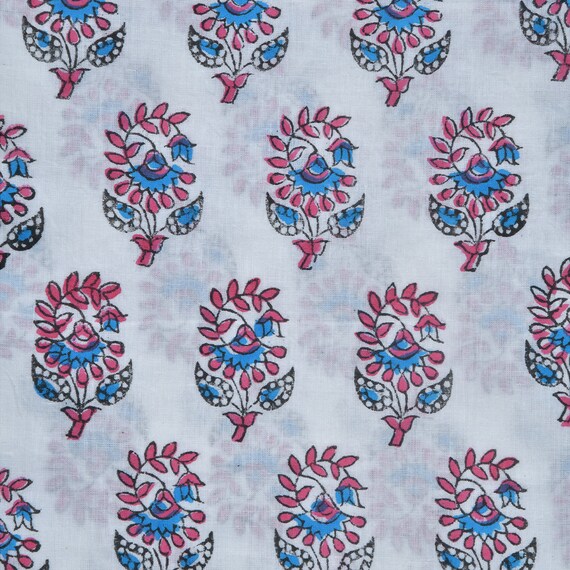 100/% Cotton White Fabric 42” Width Floral Print Making Dress India By 1 Metre