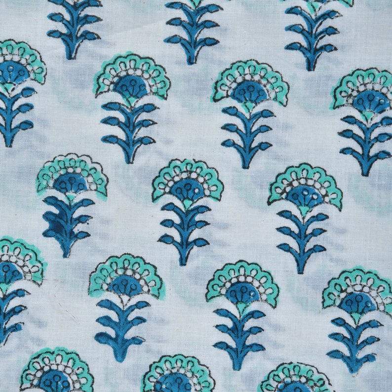 White Hand Printed Vintage Floral Print Cotton Fabric Sewing Material Craft