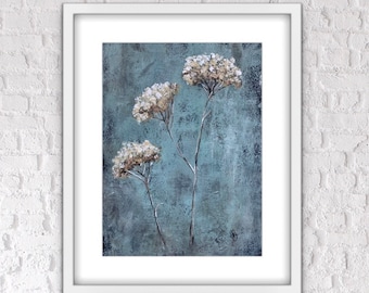 May include: A painting of three white flower clusters on a blue and grey textured background.