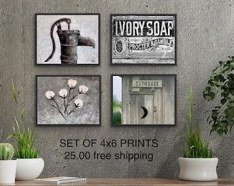 Farmhouse Bathroom Wall Decor, Set of 4x6 Prints, Cottage Decor