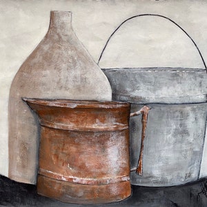 May include: A still life painting depicting three objects: a brown ceramic pitcher, a grey metal bucket with a handle, and a tan ceramic bottle. The objects are arranged on a black surface against a white background.