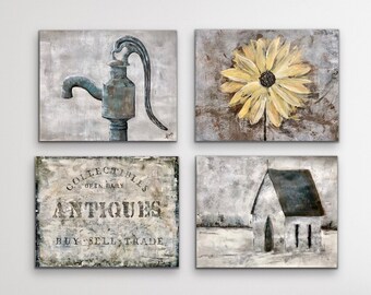 Decoração de parede estilo fazenda, gravuras de arte moderna estilo fazenda. Placa antiga, pinturas de artistas. Economize 40%