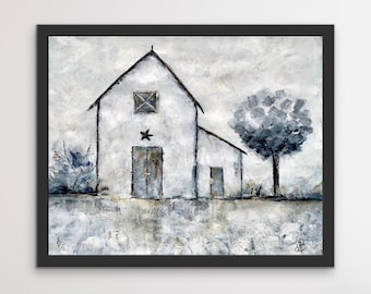 Impressão de celeiro primitivo por artista, decoração de parede de fazenda vintage, arte de fazenda branca