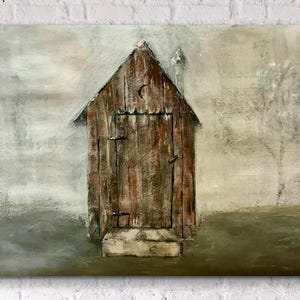 May include: An oil painting depicts a rustic wooden outhouse with a chimney and a small step. The outhouse is painted in shades of brown and tan, with a weathered appearance. The background is a muted, hazy landscape.