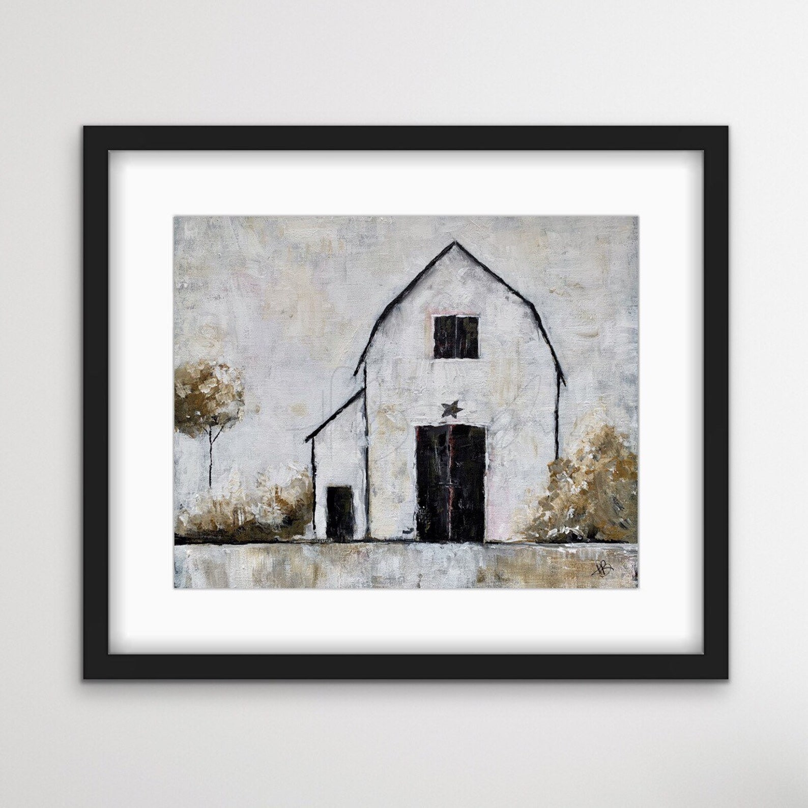Primitive Barn Print by Artist, Farmhouse Wall Decor Art 5x7 16 X20