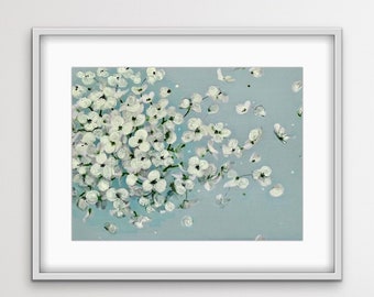 May include: A painting of white flowers on a light blue background. The flowers are clustered together in the centre of the painting and some are scattered around the edges.