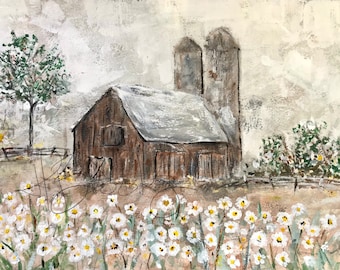 Decoração de parede estilo casa de campo, impressão artística de celeiro, margaridas, pintura original