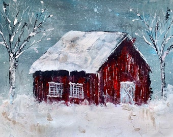 Decoração de parede de fazenda, Decoração rústica de fazenda, Pintura de celeiro vermelho, Celeiro de inverno