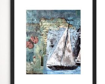 Mixed Media Art Print by Artist, Nautical Art ,industrial Decor, Collage
