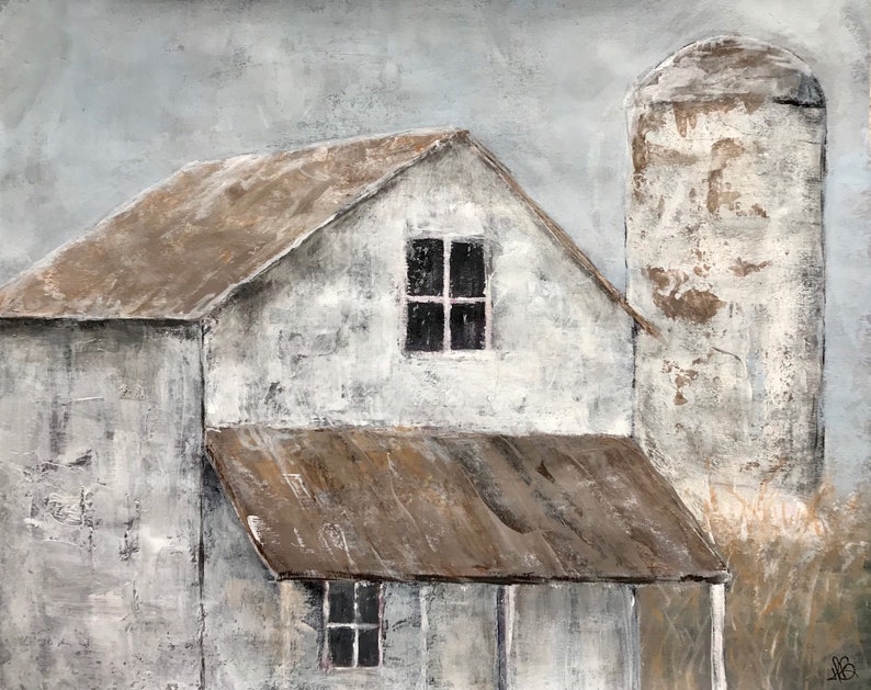 May include: A white weathered barn with a brown roof and a silo. The barn has a single window and a smaller addition with a window. The background is a light blue sky.
