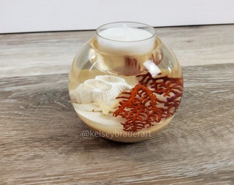 Sea Shell Candle Holder, Resin Tealight Candle Holder, Resin Beach Art, Tealight Candle