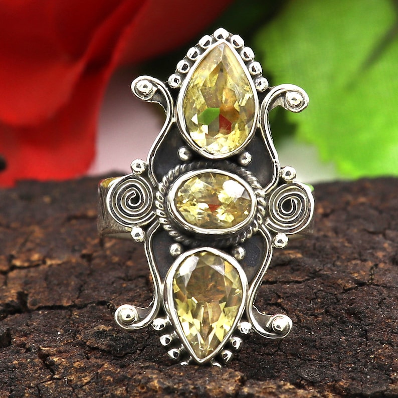 Bali Style Natural Citrine Gemstone Ring Anxiety Ring Meditation Ring,925 Sterling Silver Handmade Jewelry Three Stone Ring Statement Ring