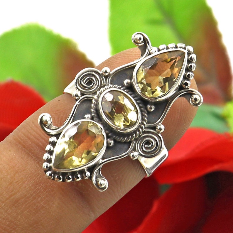 Bali Style Natural Citrine Gemstone Ring Anxiety Ring Meditation Ring,925 Sterling Silver Handmade Jewelry Three Stone Ring Statement Ring