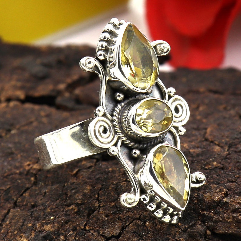 Bali Style Natural Citrine Gemstone Ring Anxiety Ring Meditation Ring,925 Sterling Silver Handmade Jewelry Three Stone Ring Statement Ring