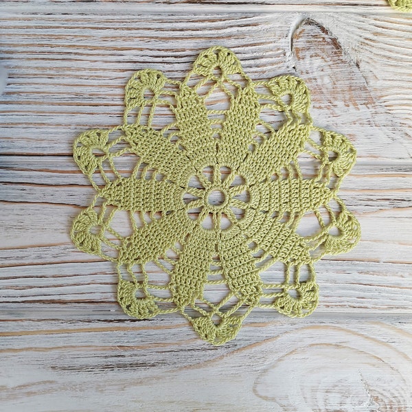 Cute light green mini doily, Bright farmhouse coaster, Chartreuse crochet mug rug