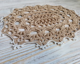 MADE TO ORDER Beige textured oval doily runner with cream border, Short bulky table scarf