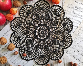 Black round doily for Halloween decoration, Hand crochet creepy table decor