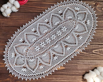 White oval table runner, Large farmhouse doily centerpiece