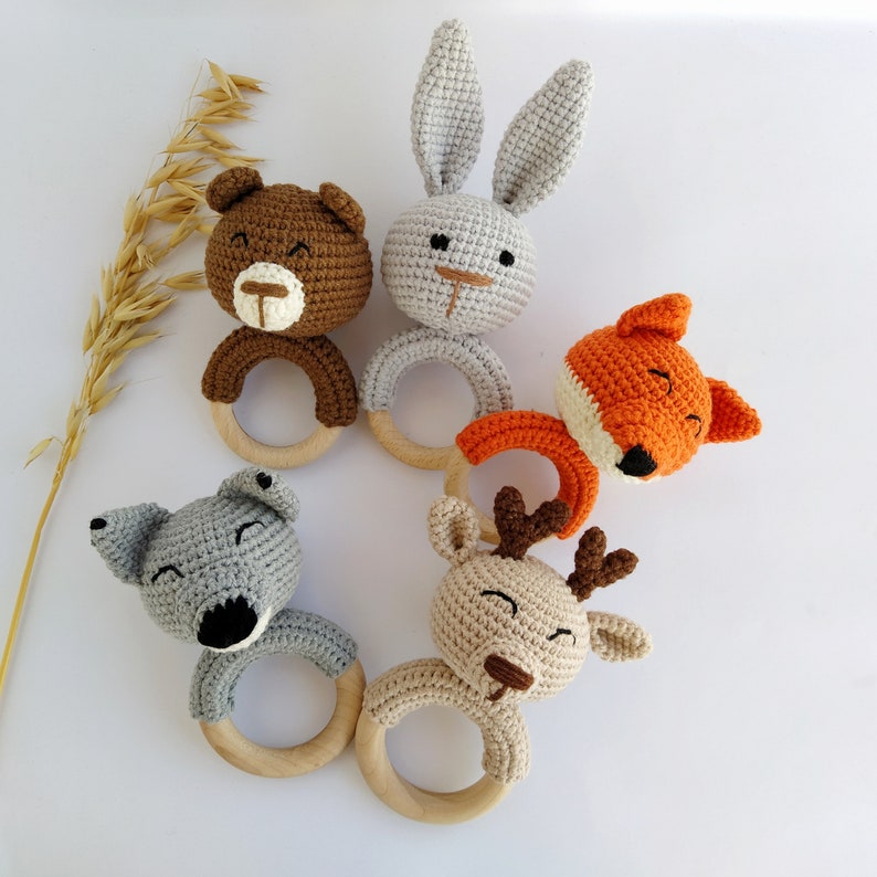 Wolf Deer Bunny Bear Fox crochet rattle for Expecting mom gift Woodland animal baby toy Gift for forest baby shower