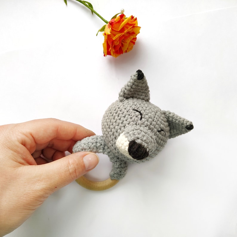 Wolf Deer Bunny Bear Fox crochet rattle for Expecting mom gift Woodland animal baby toy Gift for forest baby shower