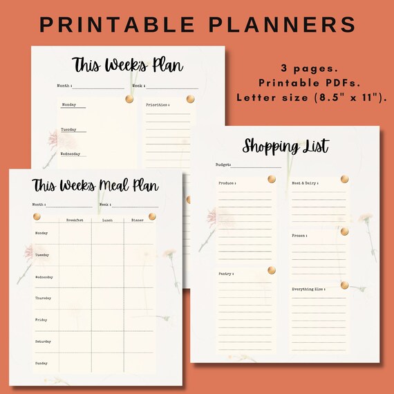 Printable Weekly Planner Shopping List and Meal Plan 3for1 Etsy