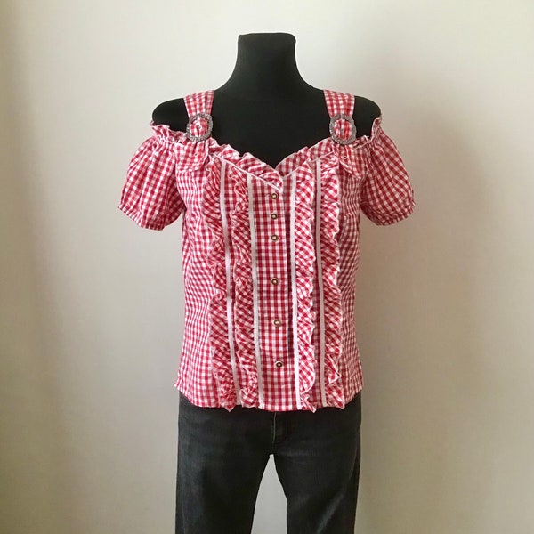 Vintage Size L Traditional German Dirndl Blouse White - Red Checkered Open Shoulders Octoberfest Top