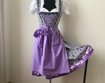 Vintage maat S Traditionele Duitse Dirndl-jurk met schort (set van 2) Zwart-paars-wit kleuren katoen (blouse is niet inbegrepen)