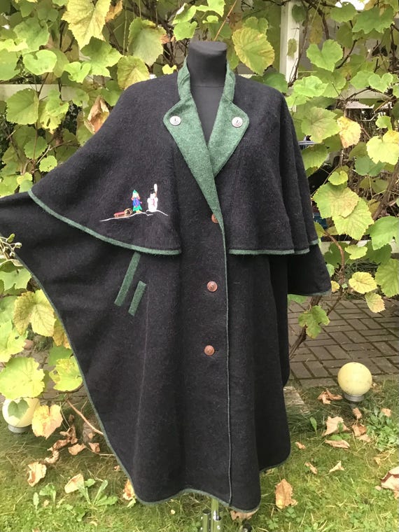 Austrian Loden Wool Cape, 70s Womens Trachten Coat
