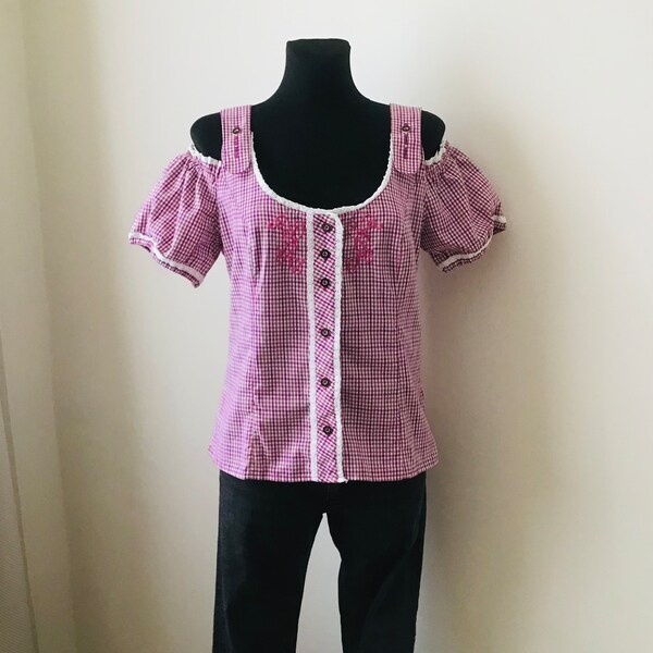 Vintage Size L Traditional German Dirndl Blouse White - Burgundy Checkered Open Shoulders Octoberfest Top by Spieth & Wensky