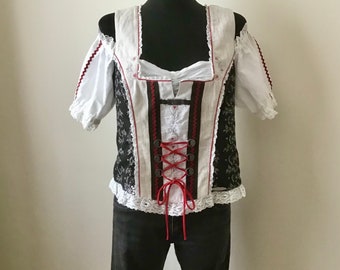 Vintage Size L Traditional German Dirndl Blouse White - Black Floral Print Open Shoulders Octoberfest Top by Spieth & Wensky