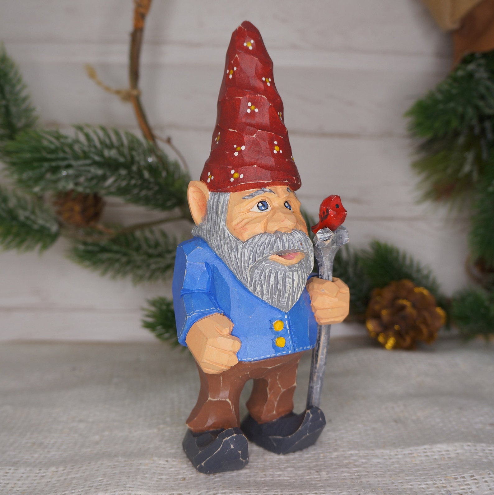 Wood carving Gnome with a bird. Etsy