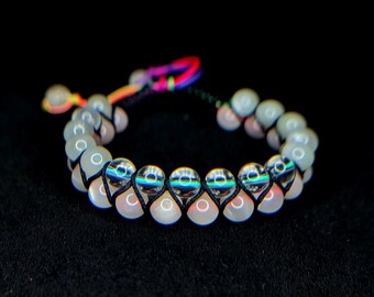 Pulseira de duas fileiras com quartzo transparente e pedra da lua | Design ajustável com fio arco-íris