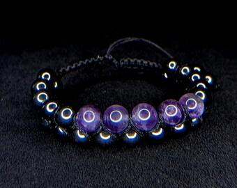 Pulseira de Ametista e Hematita | Pulseira ajustável de duas fileiras