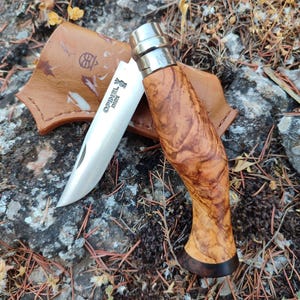 Handcrafted Folding Knife – Olive Wood & Burl Walnut Handle with Leather Sheath