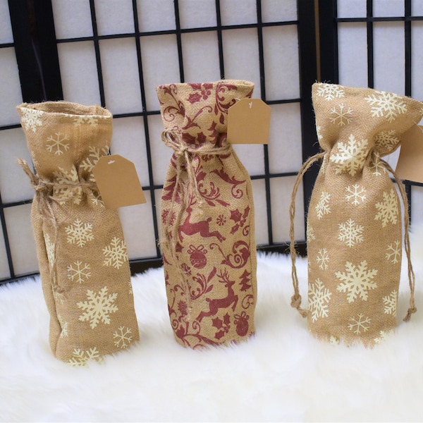 Set of 3 Rustic Burlap Wine Covers for Parties, Gifting, and Weddings